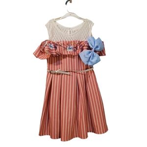 Knitworks Girls Lace, Embroidered, Striped Dress With Hair bow Size 8 New
